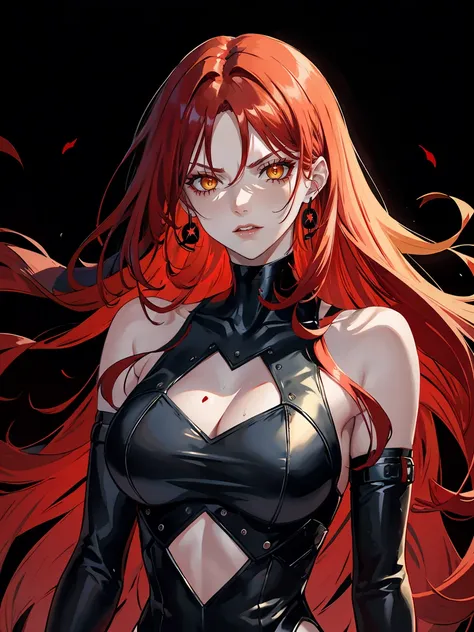 Long red hair, yellow eyes, evil, sexy, black and red clothes, cute hairstyle, evil face, evil, serious look, gloss lips, sinister, front look, bloody, gloves, (((half-body portrait))), beautiful eyes, short dress, big white, dark place, night, sensual, st...