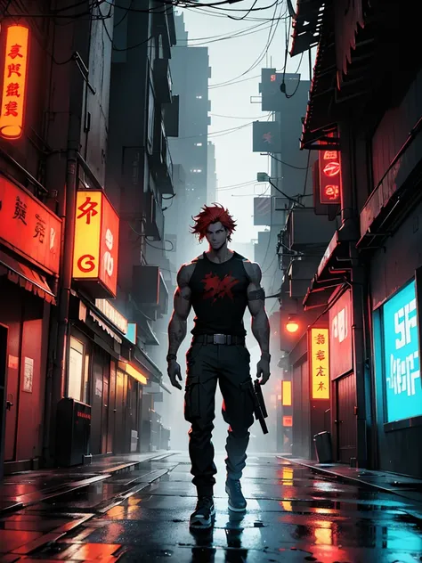 a tall muscular man with red messy hair and red eyes, wearing a tight t-shirt and cargo pants, standing on a dark tokyo street at night, gun on his belt, highly detailed, 8k, photorealistic, 1 guy, hyper detailed, cinematic lighting, gritty urban environme...