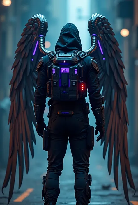  
A man stands with his back to the viewer, dressed in futuristic tactical gear. His outfit is a mix of modern tank designs and high-tech elements, mainly in black, with purple accents, silver, neon blau, and red. On his back, he has mechanical wings made ...