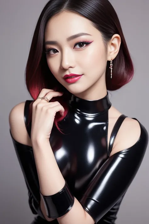 nsfw、sexy asian fashion model、glossy lipstick、smiling face、defined eyebrows、ultra detailed drama makeup、long lashes、full body Esbian、ultra detailed latex business dress、latex choker、latex bracelets、colorful hair、vivid colors