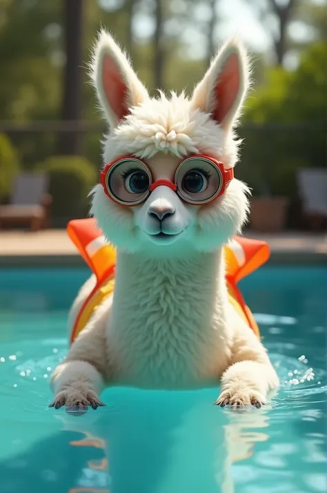 Alpaca with water wings diving goggles in pool 