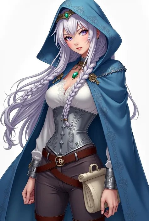 Lavender eyes. Magician People Woman, with long braided white hair.  Blue cape decorated with silver embroidery and a detached hood. silver full breast corset, white blouse and brown pants as well as boots. Silver collar with emerald and silver headband wi...