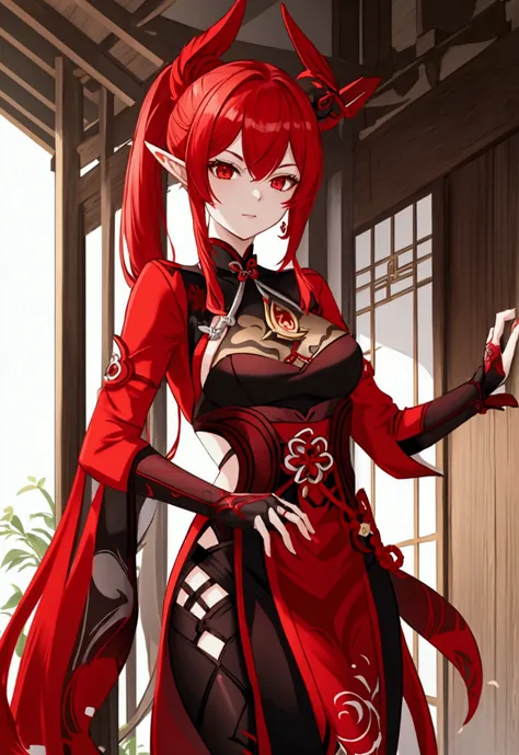 genshin oc, red, sexy, elf ears, catalyst