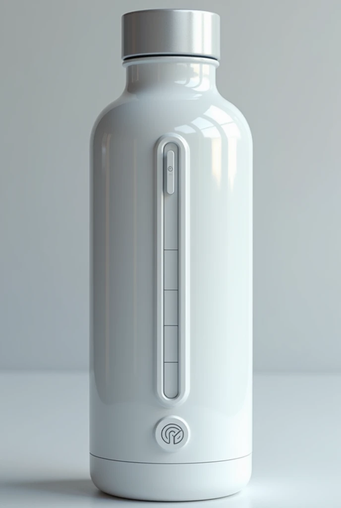 A bottle that has advanced technology such as the option of cooling with stored ice and buttons that change the temperature and signal in refillable white stainless steel 