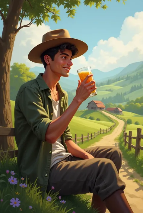 A young man wearing a hat drinking in the countryside 