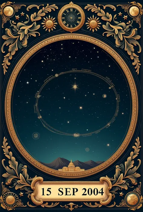 Create a star map illustration that represents the night sky on September 15, 2004. The design should be in a vintage, ornate style with intricate borders and celestial details, similar to a classical astronomical chart. Include a central bright star surro...