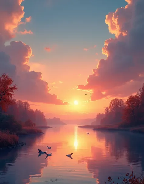 A beautiful sunset landscape, a flock of geese flying in the distance, an autumn river reflecting the vast sky, ethereal, vibrant colors, serene, (best quality,4k,8k,highres,masterpiece:1.2),ultra-detailed,(realistic,photorealistic,photo-realistic:1.37),co...