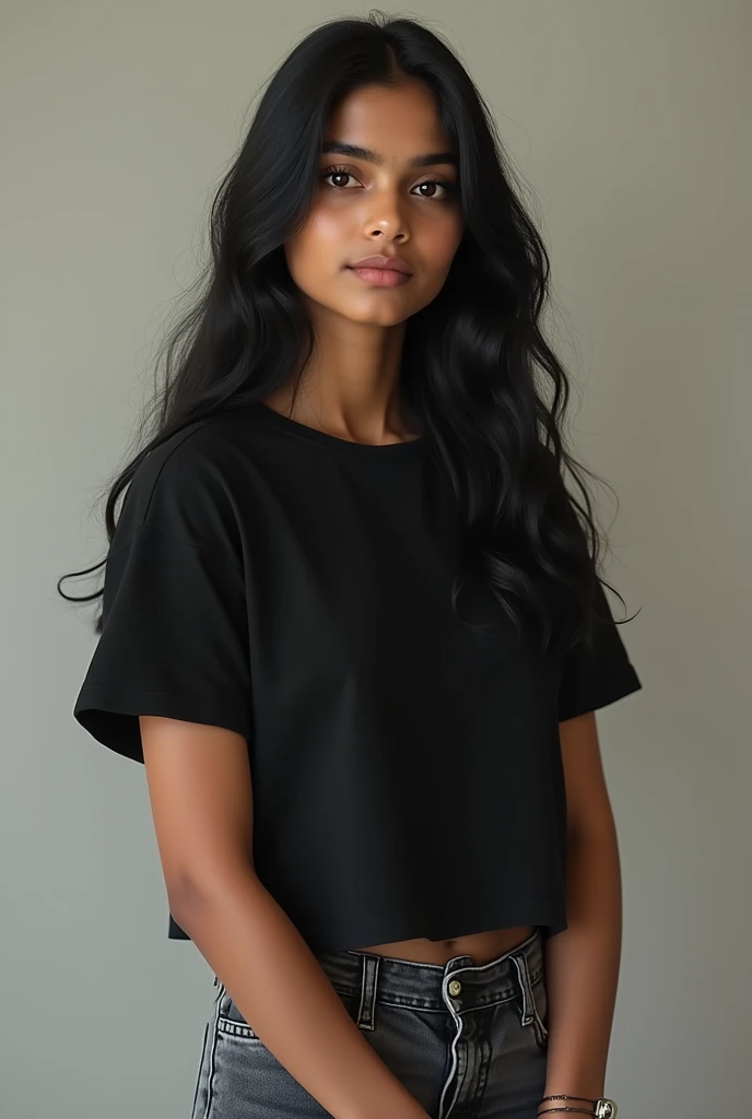 Adult Indian girl wearing black t shirt and gray jeans with black shoes
