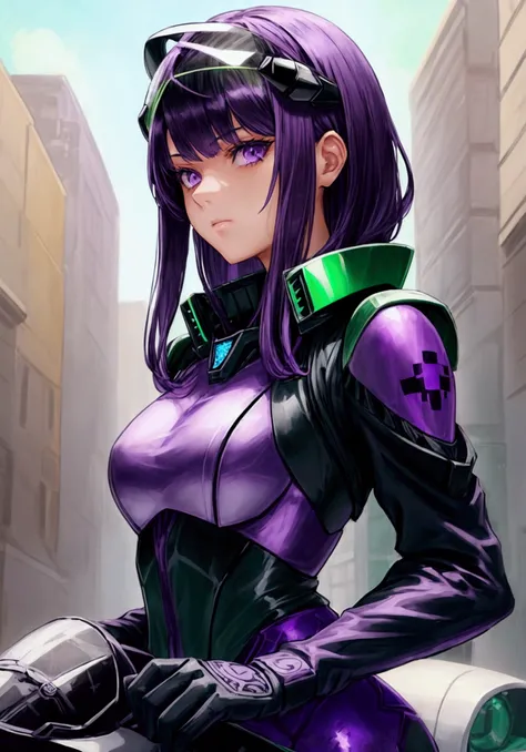 (a beautiful and cool girl),(medium hair), (straight hair), (purple hair), (black rider suit), (dark green shoulder reinforcement), (ace pilot), (purple eyes)