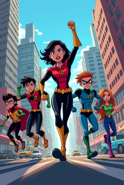 The Teen Titans, dynamic poses, streets background, cartoon style art style, 8k, bokeh, very detailed