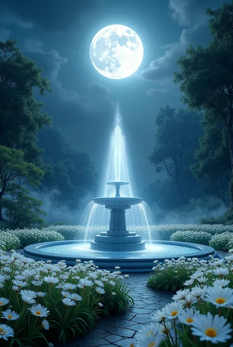 (photorealism:1.2), beautiful garden, nighttime, moonlight, white flowers all over the garden, fountain, all kinds of flowers, ghostly mist, vast garden