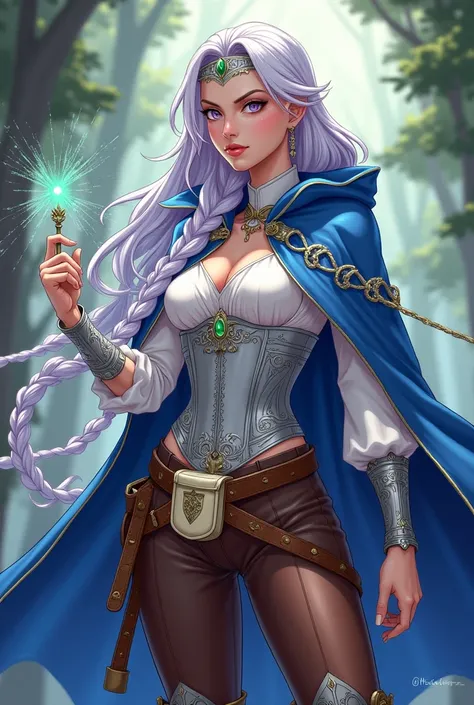 Lavender eyes. Magician People Woman, with long braided white hair.  Blue cape decorated with silver embroidery and a detached hood. silver full breast corset, white blouse and brown pants as well as boots. Silver choker with emerald and silver headband wi...