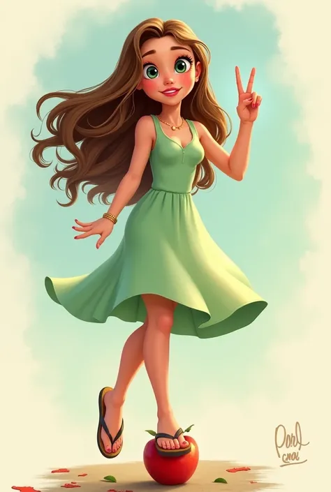 long wavy fur, Brown hair, 1 girl, emerald eyes, waving with two fingers, pink lips, Pastel green dress, stepping on an apple with your foot and crushing it with flip-flops, naked.