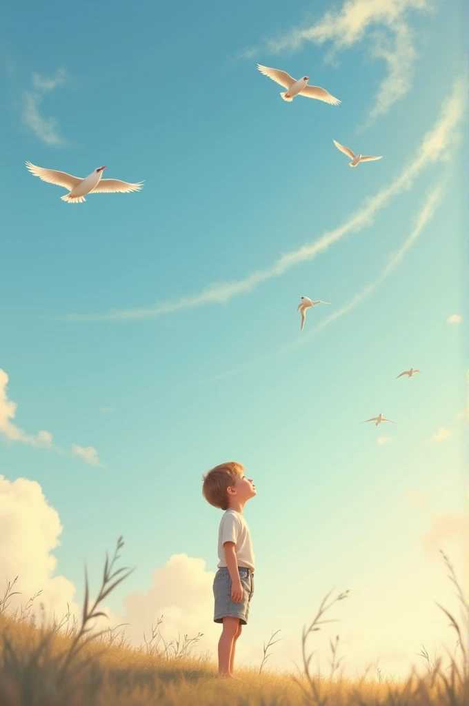 Innocent boy looking at the sky and watching birds 