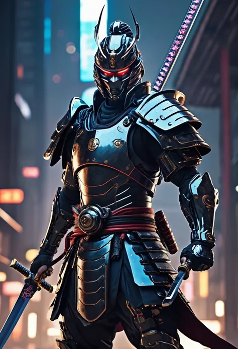 A futuristic samurai cyborg shows his power by raising his katana in victory