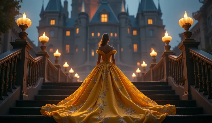 walk, Turn your back.,Cinderella in golden dress, Exterior of the castle, stairs,night time