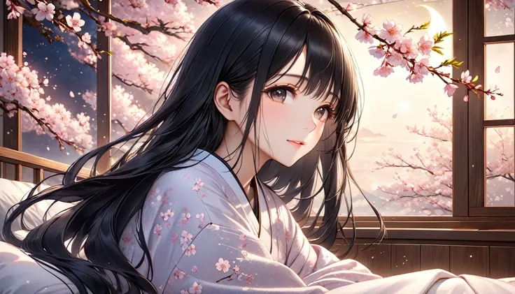 アニメ, A beautiful young Japanese woman with long black hair, soft moonlight illuminating her face, cherry blossoms floating in the background, cozy bedroom setting, romantic and tranquil atmosphere, photorealistic, highly detailed