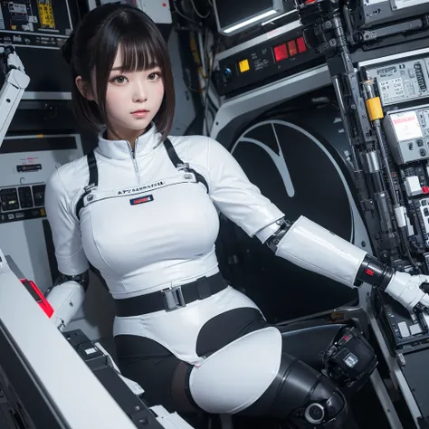 masterpiece, Highest quality, Very detailed,Portraiture, Japanese Android girl,Plump,Slightly thicker,Control panel,robot arms,robot,Android,cyborg,white robot body,Blunt bangs,robot repair plant,Black knee-high socks,