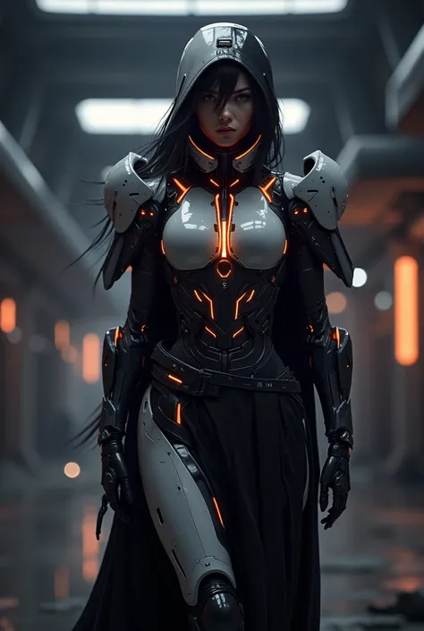 a darkness woman in a futuristic suit with a glowing head and chest, cyberpunk art inspired by Marek Okon, cgsociety contest winner, digital art, gynoid cyborg body, girl in mecha cyber armor, cyber suit, cybersuit, in white futuristic armor, cybersuits, d...