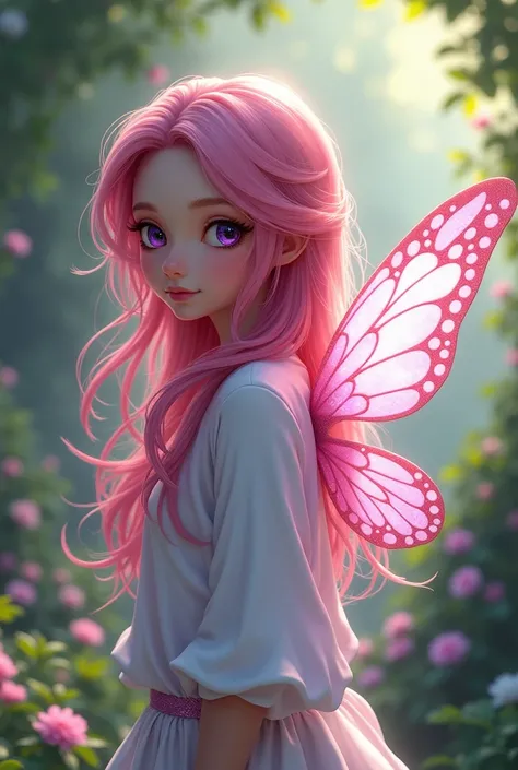 Pink haired butterfly fairy with purple eyes and white shirt and long hair