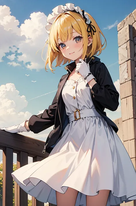 ((masterpiece,best quality)),1 woman,alone, (((chisato nishikigi))), Short hair, bright yellow hair, alone, dress, Detail Eyes, looking at viewer, long sleeves, standing, white dress, Gloves,headdress, black jacket, laugh, floating hair, dutch angle, close...