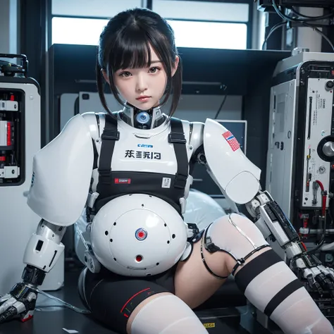 masterpiece, Highest quality, Very detailed,Portraiture, Japanese Android girl,Plump,Slightly thicker,Control panel,robot arms,robot,Android,cyborg,white robot body,Blunt bangs,robot repair plant,Black knee-high socks,