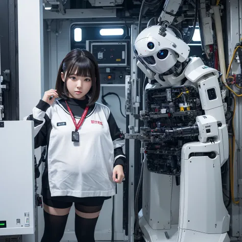 masterpiece, Highest quality, Very detailed,Portraiture, Japanese Android girl,Plump,Slightly thicker,Control panel,robot arms,robot,Android,cyborg,white robot body,Blunt bangs,robot repair plant,Black knee-high socks,