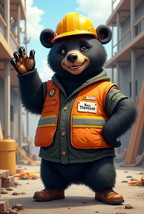 A addult funny black bear raising paw in the construction contractor uniform with name badge “kalu thekedar”