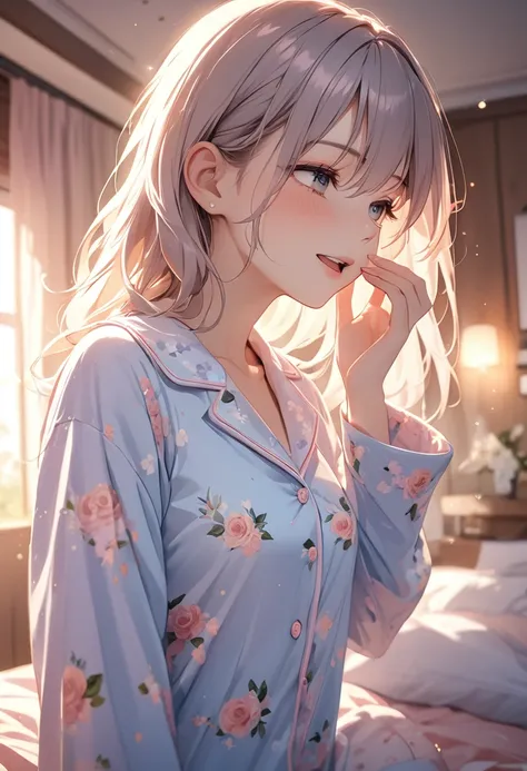 (masterpiece:1.5),(Beat quality),(high res),1girl solo,beautiful face,smile(shining eyes),upper body,light effects,pajamas women,Yawning,Morning bedroom