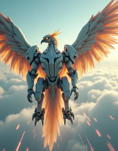 a mecha phoenix made from white metal, soaring on the sky in high speed, cinematic lighting, spreading the wings, glowing orange eyes, iron claw