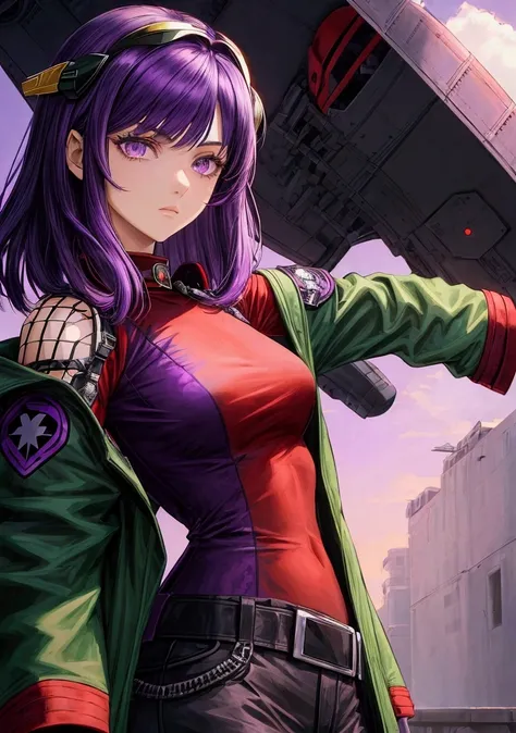 (a beautiful and cool girl),(medium hair), (straight hair), (purple hair), (red shirt), (black coat), (dark green shoulder reinforcement), (ace pilot), (purple eyes)