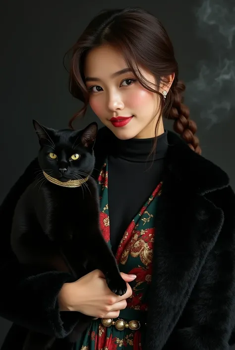 beautiful tanned japanese woman, wearing a designer black glittery fur coat, and floral (dark green, red, gold) fabric turtle neck loose satin dress, thick eyebrows, photorealistic, masterpiece, moncler, messy braid brown highlighted hair, open coat, lips ...