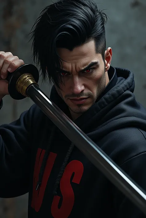 AN angry male character with red eyes, black hair swept to one side, a black sweatshirt with red details, and a katana 