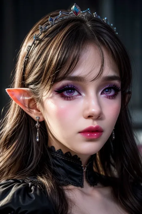 masterpiece,best quality,realistic,highres,highly detailed,blurry background,1girl,((portrait)),close-up,bangs,elf,elf ear,cryst...