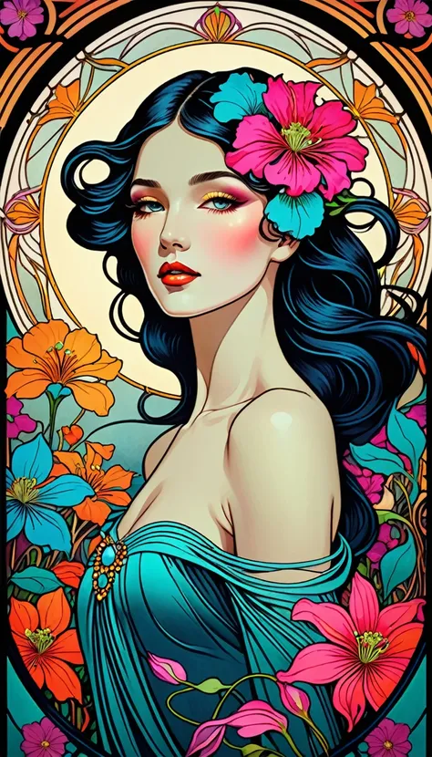 Imagine a powerful and elegant woman in an Art Nouveau setting., As brightly colored neon flowers grow around her.. Women&#39;s outfits must feature bright colors and neon details., Highlighting her graceful figure. Flowers should create a natural frame., ...