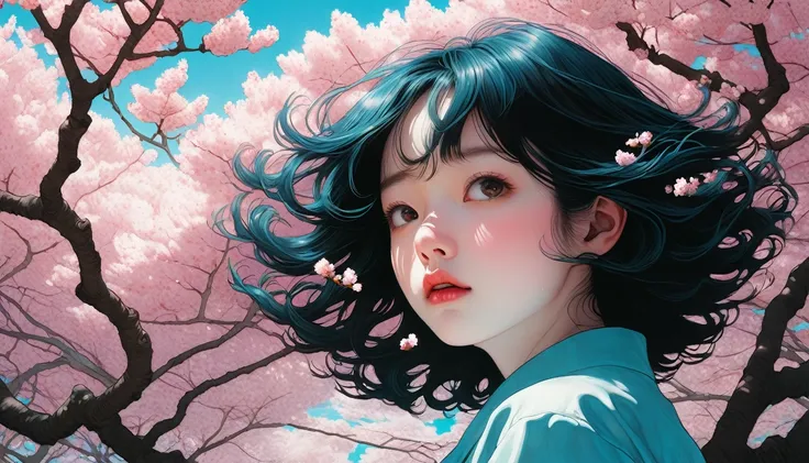 An illustration、art、Supervised by Junji Ito、Overaction、Overreaction、Pretending to be scared、Attention to detail, Realistic shadows、Analog Style, chromatic aberration, Surrealism、cherry blossoms