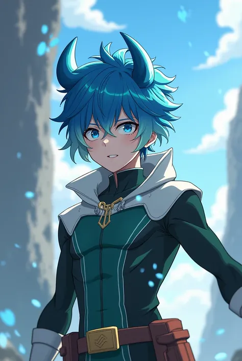 Create an anime character similar to Deku with blue hair with blue horns at the beginning and white at the end, blue eyes, white skin and clothes similar to Deku&#39;s