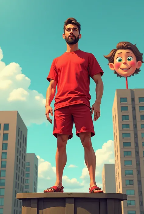 A man standing in top of building with red shirt and half pant with cartoon face in background punit name