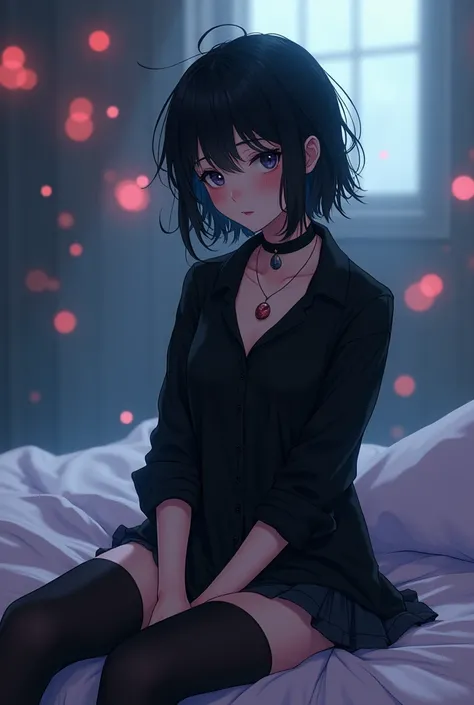 masterpiece, best quality, extremely detailed CG unity 8k wallpaper, anime illustration, best quality, bags under eyes, 1girl, goth, black shirt, rolled up sleeves messy hair, sitting on bed, bangs, black stockings, bokeh photography, (soft focus):1.2, out...