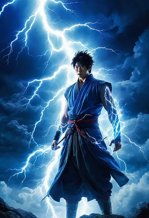 Takeru is enveloped in a blinding flash of light, transported to an otherworldly realm. He stands before Raijin, the colossal Thunder God, who towers over him with an aura of electric energy. The scene is bathed in a surreal blue light from the lightning b...