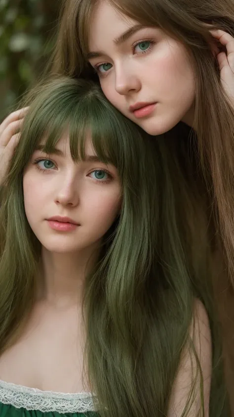 a girl.  Europe.  Extremely detailed face.  Oval face.  delicate facial features.  half-closed eyes.  long straight hair.  messy hair.  bangs.  green hair.  green eyes.  happy.  shy