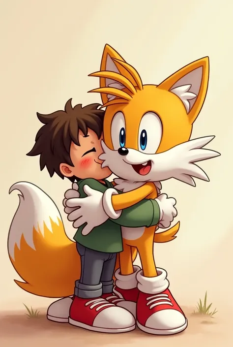 Tails hugging a younger boy with his shoes and gloves on 