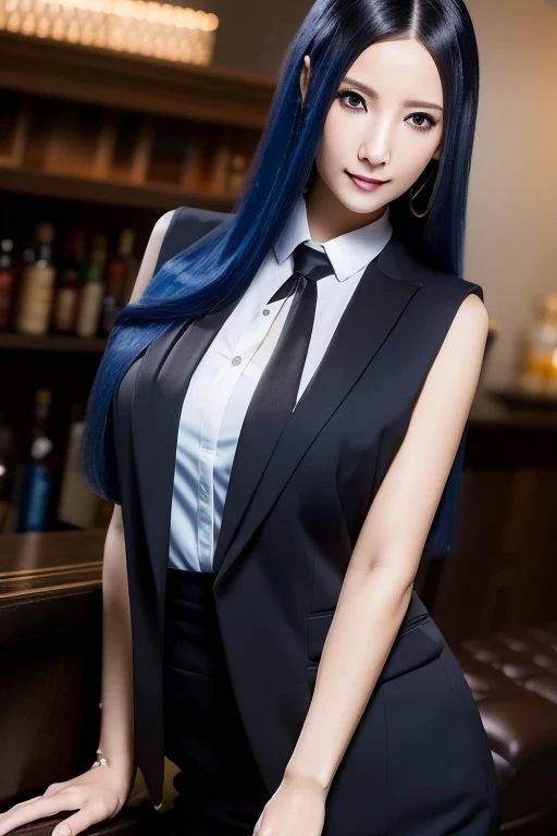 mature woman with long blue hair,, wear a black business vest, wear black business pants, bartender, uv lamp