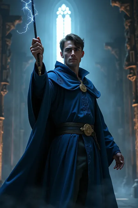 Handsome man as a wizard holding a magic wand wearing a ravenclaw cloak