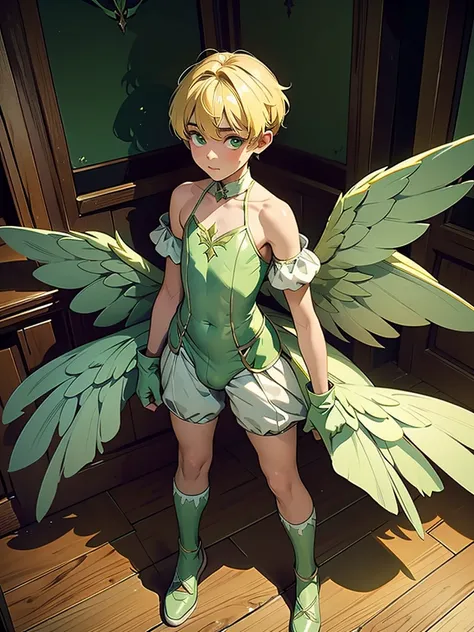 fifteen-year-old boy, wearing a green fairy costume with white wings standing on a hard wood floor shot from above as he looks at the camera confused. Blonde pixie cut. Wearing green gloves and shoes. Darkened room, tiny, little, athletic, erection under c...