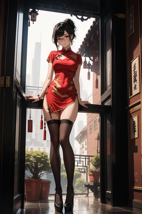 1 girl, black updo hair, glasses, tall girl, large breast, wearing traditional red and black cheongsam , standing, outside balco...