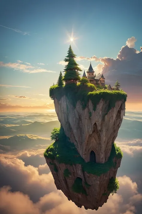 A fantastic floating island floating in the air。Floating Island is a Ghibli movie『Laputa: Castle in the Sky』With a design like、Covered in lush nature、Ancient ruins dot the land。Particles of light dance in the air、A warm light is floating。The sky is dyed in...