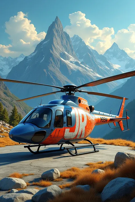 The letters V J R are designed and painted in a helicopter in front of mountains