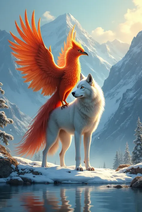 Snow Wolf and Phoenix Bird living together at mountain