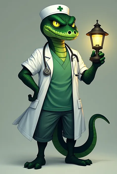 A mascot character for nursing class xlii, inspired by a green and black snake, holding a nursing lamp, with green eyes and a defiant look, wearing an open white coat and a stethoscope around his neck
